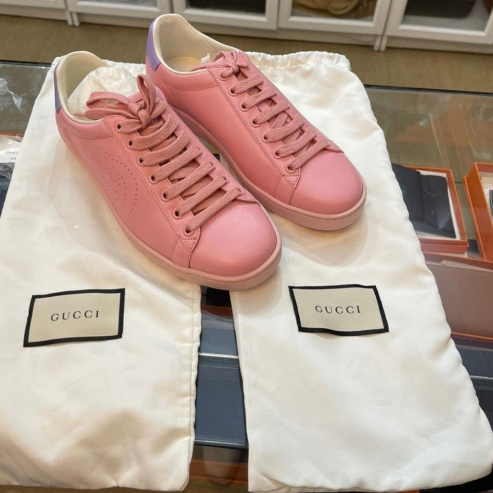 Gucci Ace Rose Pink Leather Lace-Up Sneaker Size 7 - Like New w/ Dust Bag